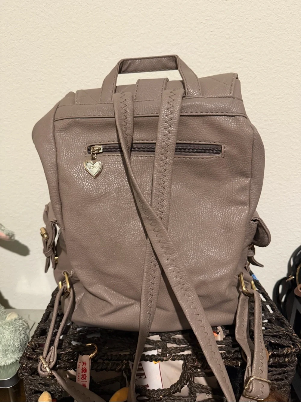 Quilted Taupe Backpack with Gold Accent Heart Charm